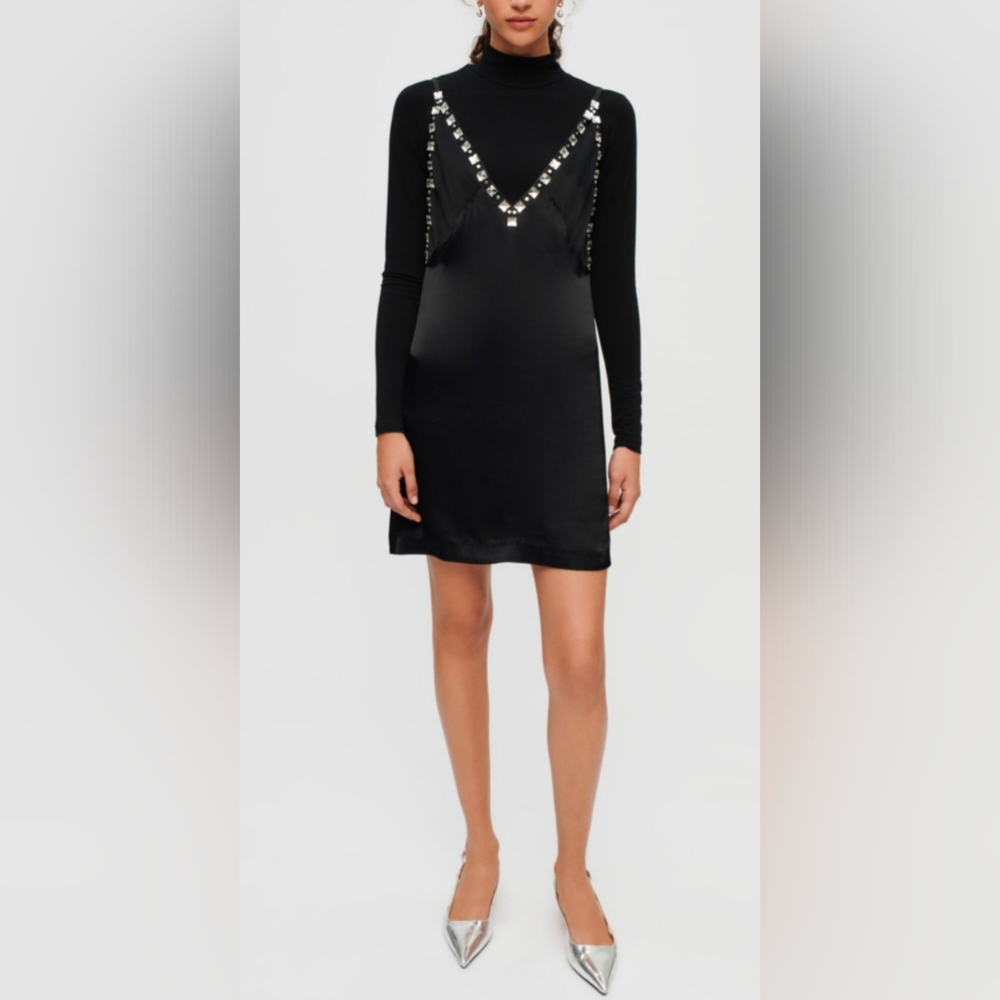 NWT MAJE Black satin dress with jeweled straps 40 Large